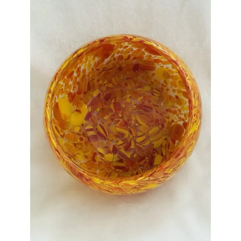 Vtg Hand Blown Murano Art Glass Bowl Red Yellow Orange Swirl 6